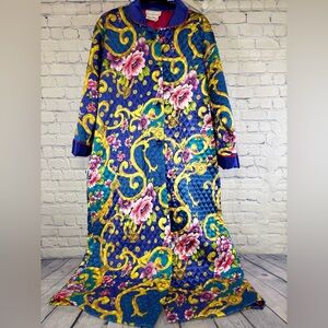 Vintage Kathleen Usherwood Periphery Satin Quilted Floral Long Housecoat Robe S